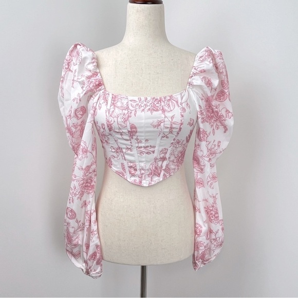 Cider Floral Crop Ribbed Long Puff Sleeve. Pink White. Size XS. #669 - Picture 6 of 6